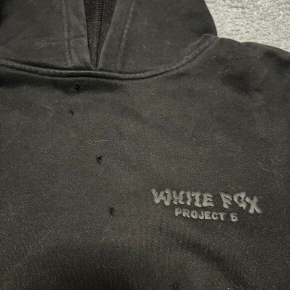 White Fox Project 5 Black Hoodie Mens Small Black on Black Logo Distressed - Picture 2 of 7